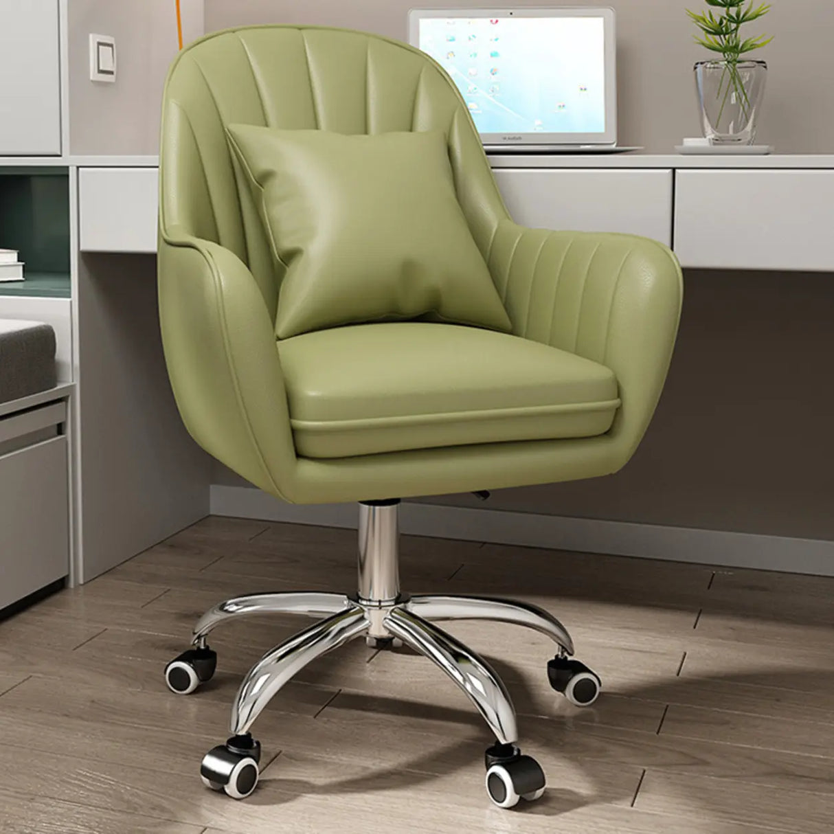 Pink Adjustable Swivel Leather Fixed Arms Office Chair Image - 21