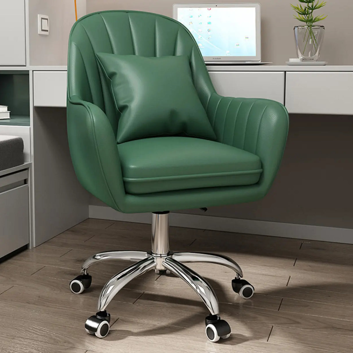 Pink Adjustable Swivel Leather Fixed Arms Office Chair Image - 22