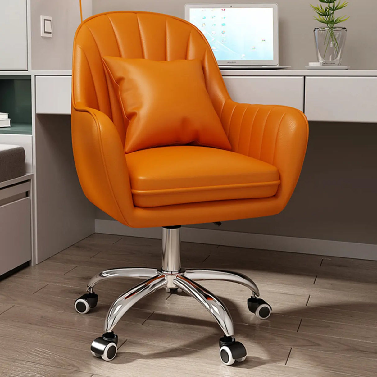 Pink Adjustable Swivel Leather Fixed Arms Office Chair Image - 23