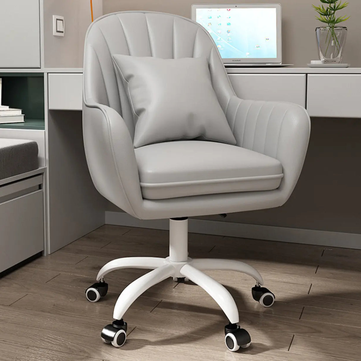 Pink Adjustable Swivel Leather Fixed Arms Office Chair Image - 24