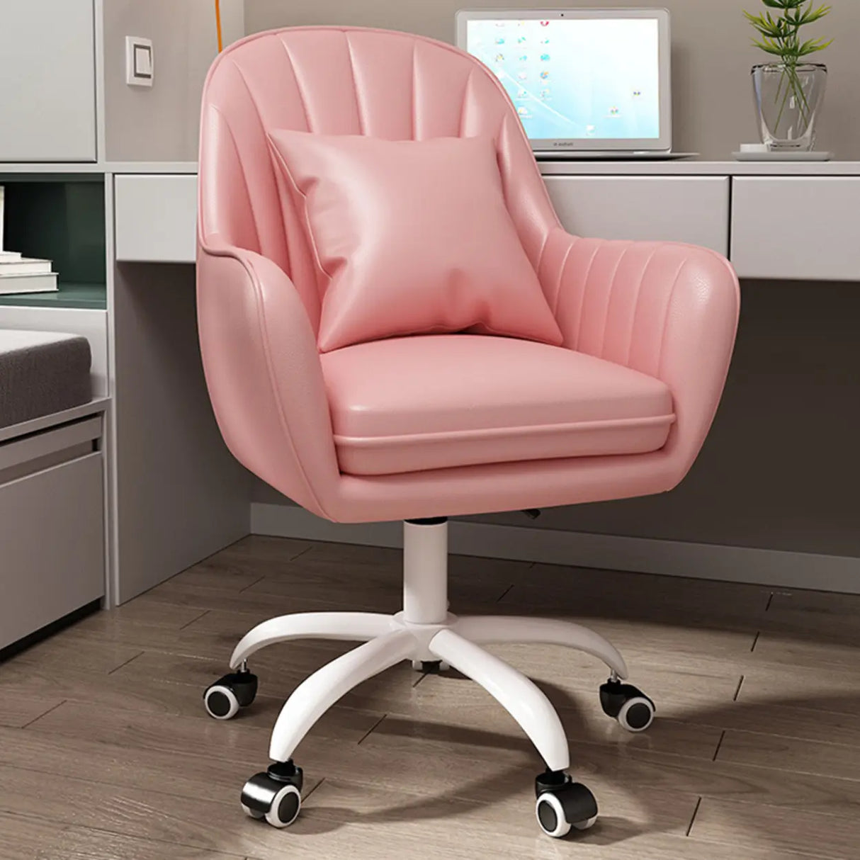 Pink Adjustable Swivel Leather Fixed Arms Office Chair Image - 25