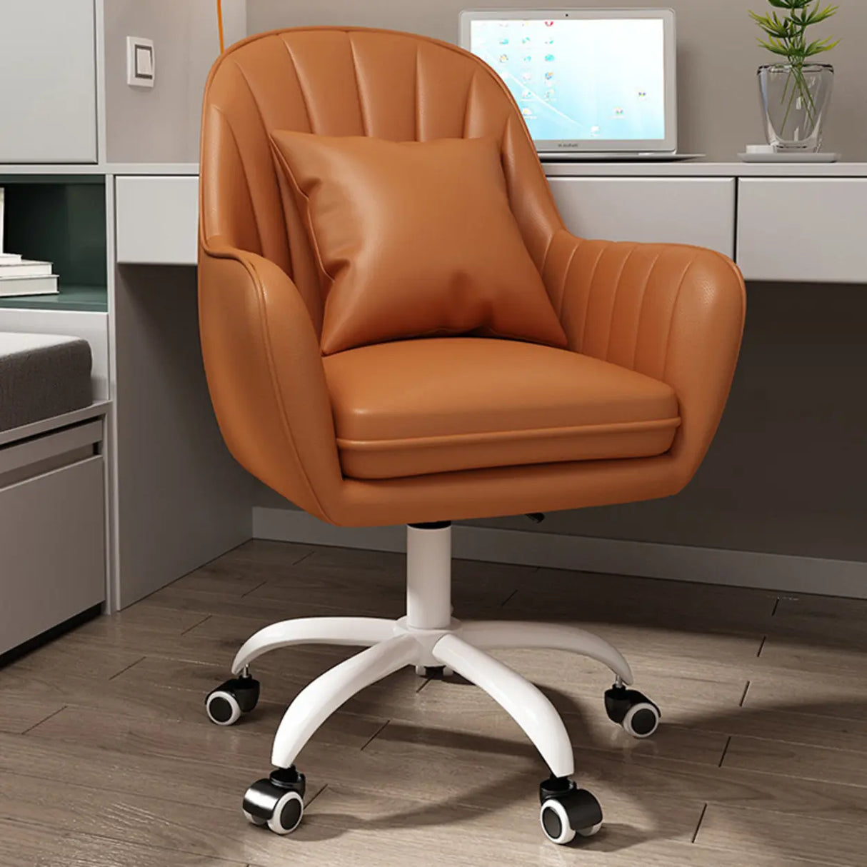 Pink Adjustable Swivel Leather Fixed Arms Office Chair Image - 27