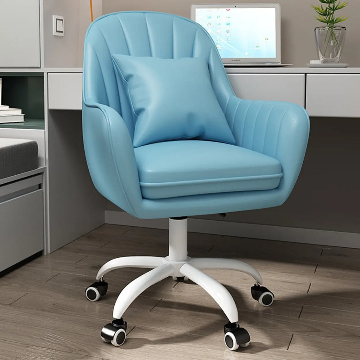 Pink Adjustable Swivel Leather Fixed Arms Office Chair Image - 28