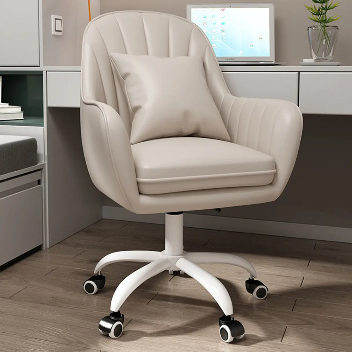 Pink Adjustable Swivel Leather Fixed Arms Office Chair Image - 29