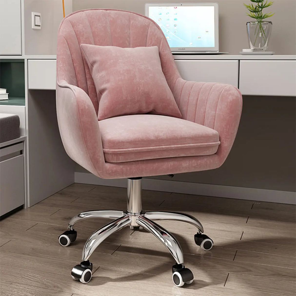 Pink Adjustable Swivel Leather Fixed Arms Office Chair Image - 3