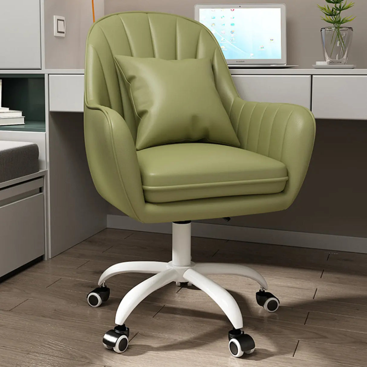 Pink Adjustable Swivel Leather Fixed Arms Office Chair Image - 30