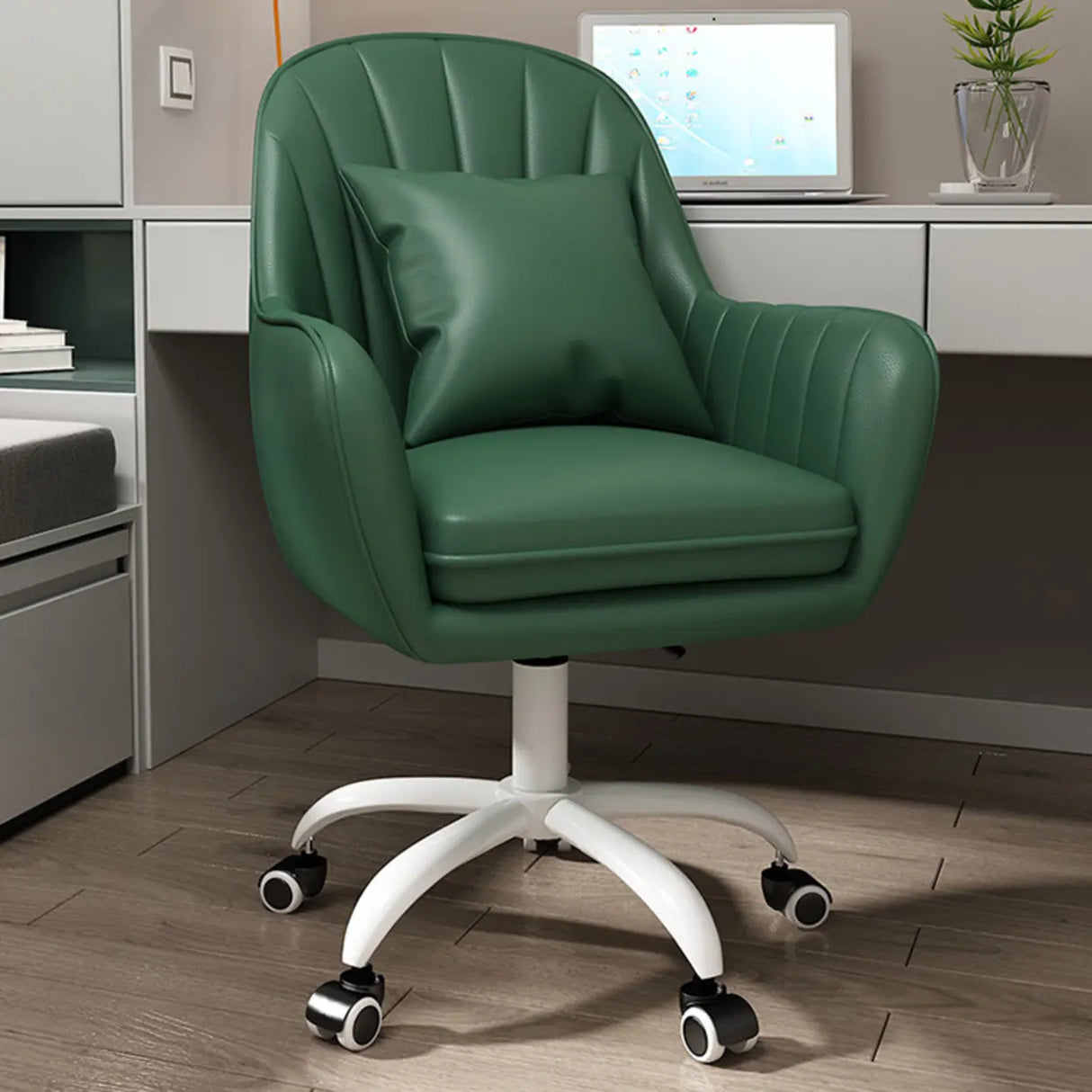 Pink Adjustable Swivel Leather Fixed Arms Office Chair Image - 31