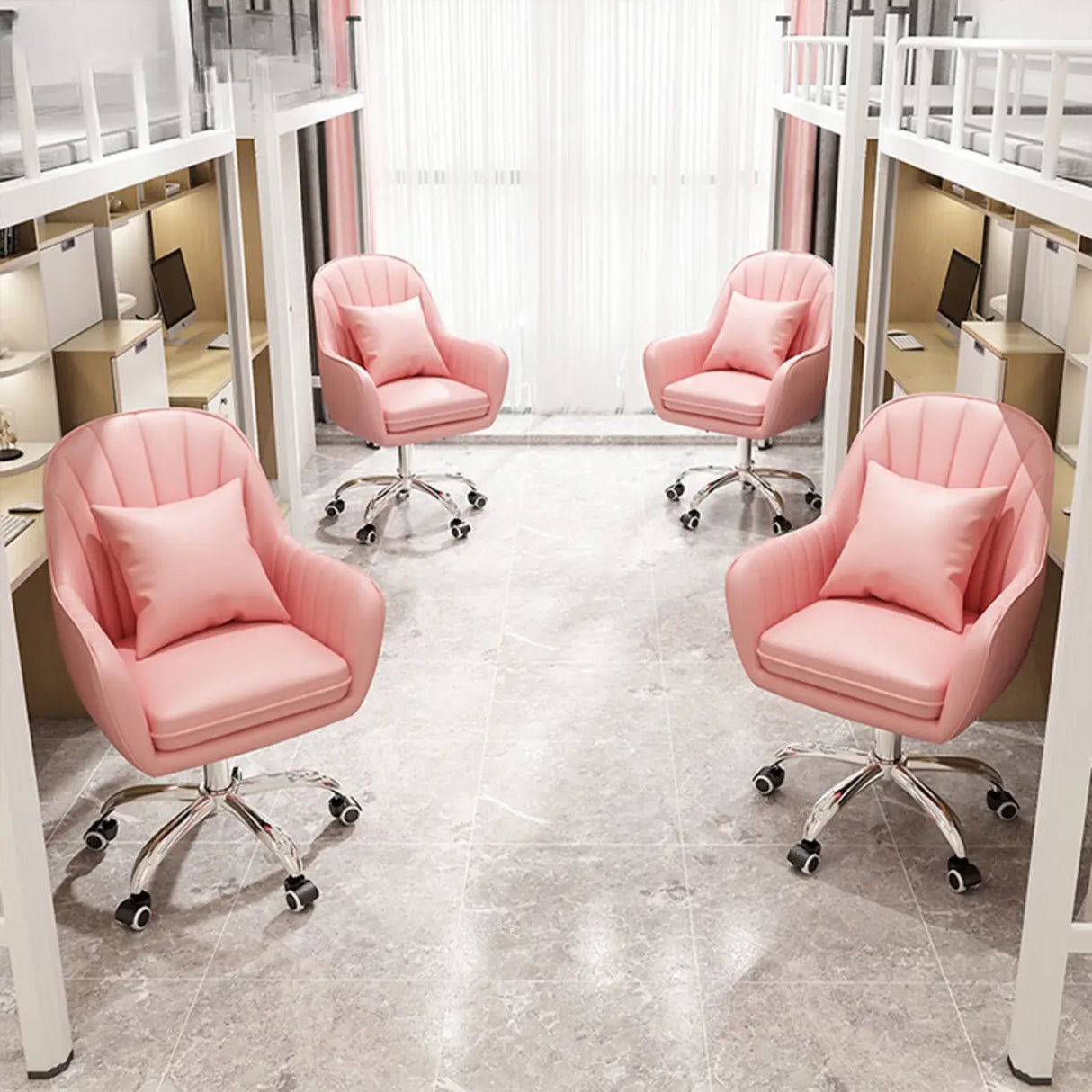 Pink Adjustable Swivel Leather Fixed Arms Office Chair Image - 4