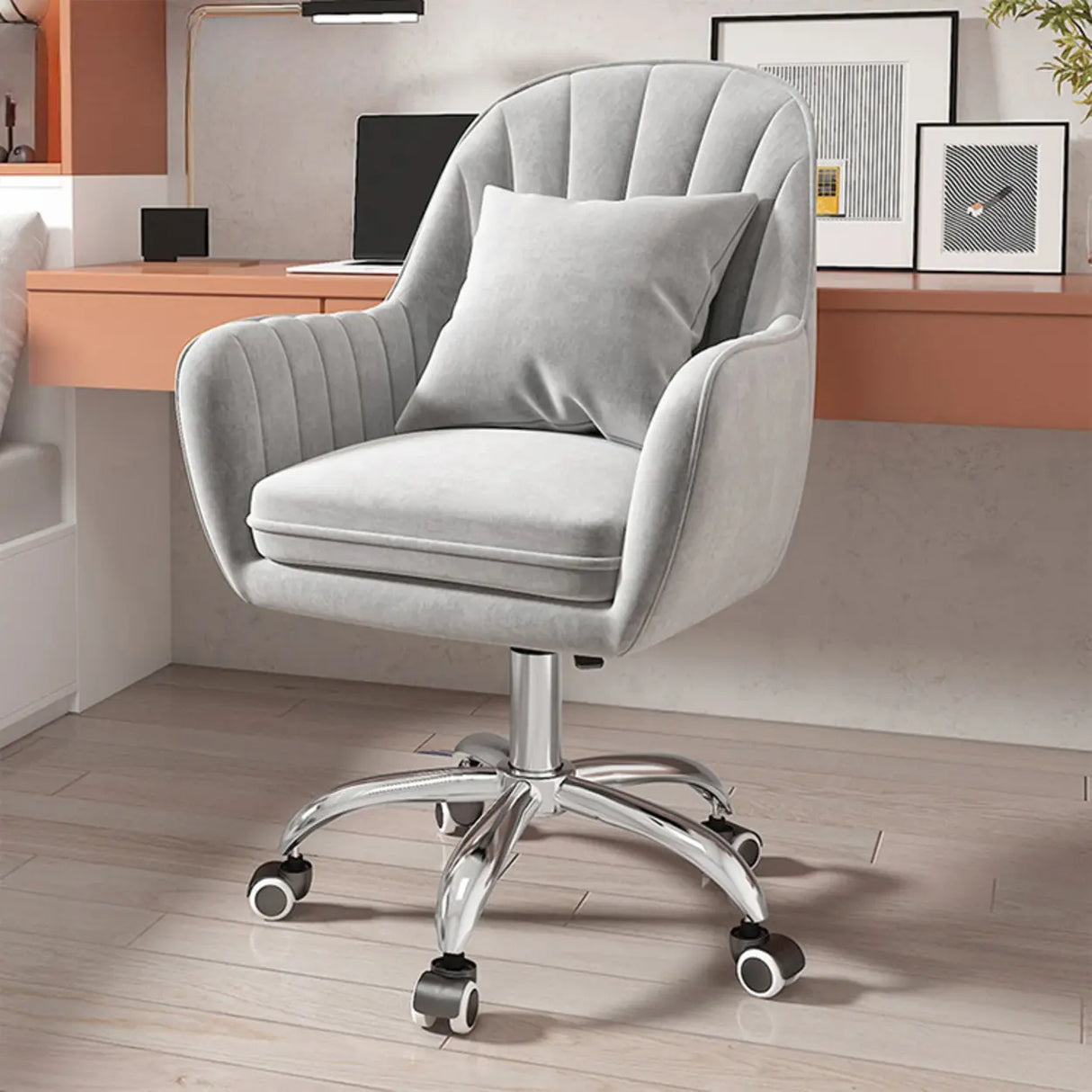 Pink Adjustable Swivel Leather Fixed Arms Office Chair Image - 6