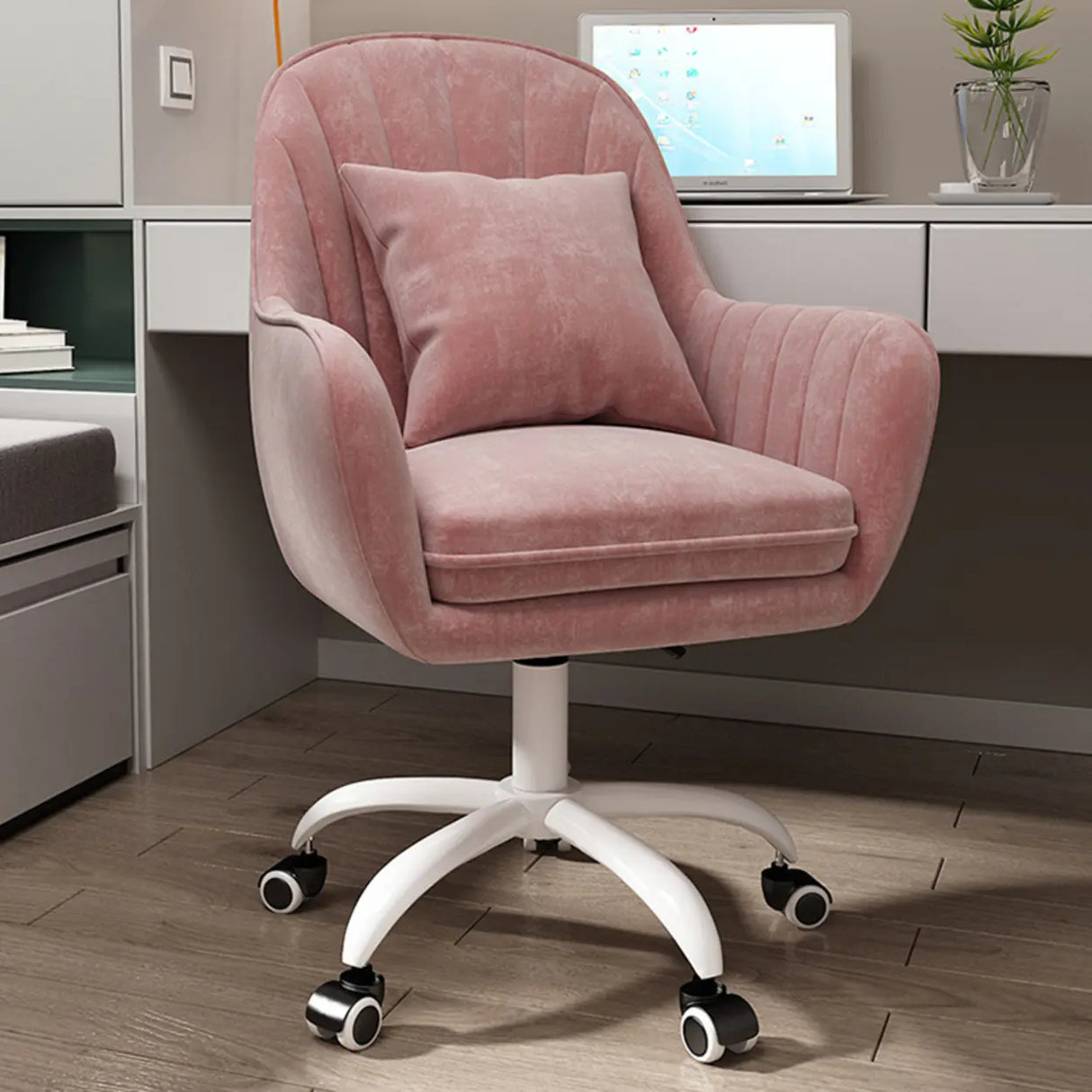 Pink Adjustable Swivel Leather Fixed Arms Office Chair Image - 7
