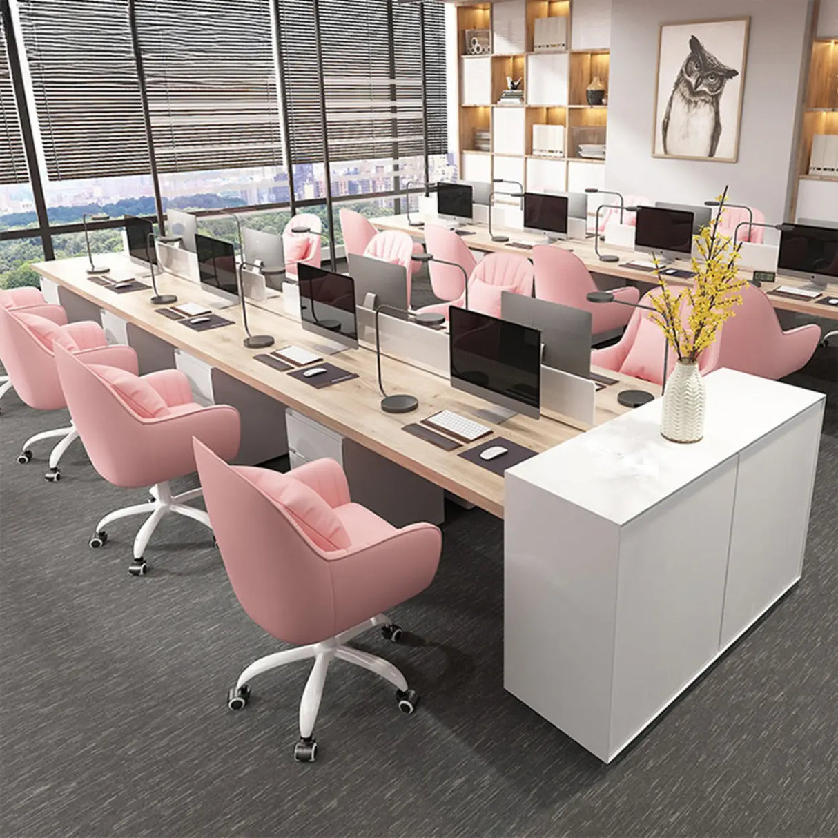 Pink Adjustable Swivel Leather Fixed Arms Office Chair Image - 8