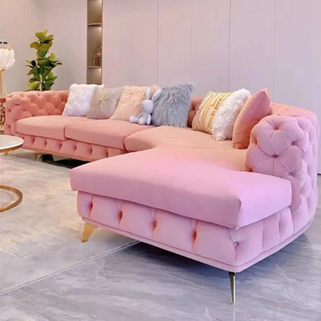 Pink Baby Fleece Square Arm Tufted Modular Sofa Chaise Image - 1