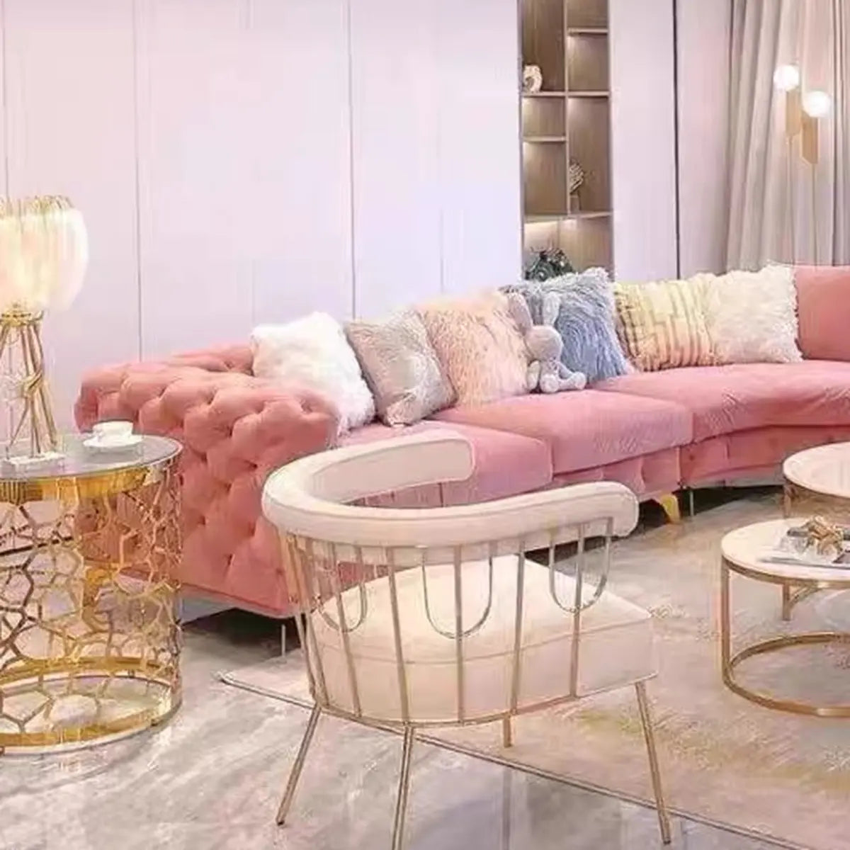 Pink Baby Fleece Square Arm Tufted Modular Sofa Chaise Image - 10