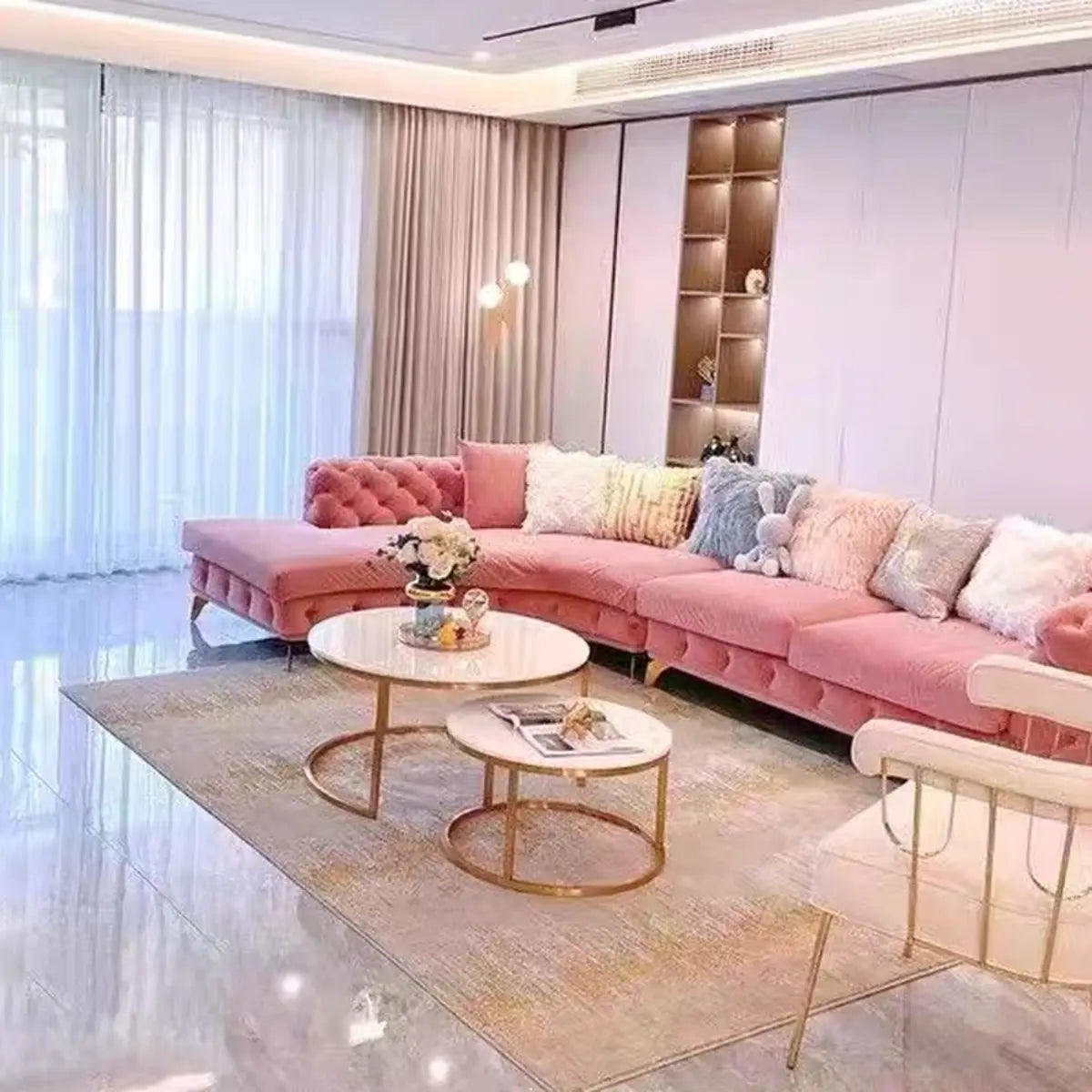 Pink Baby Fleece Square Arm Tufted Modular Sofa Chaise Image - 11