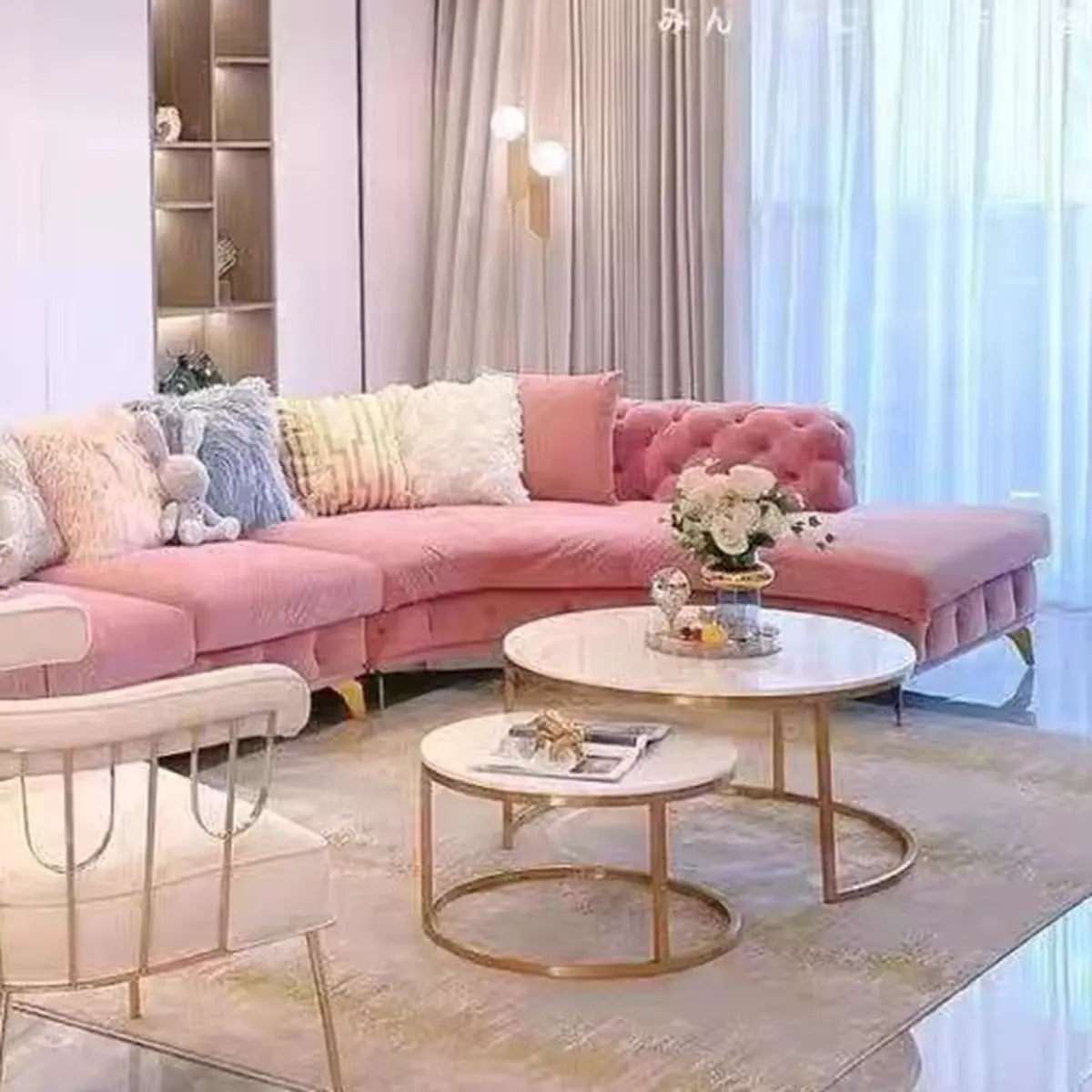 Pink Baby Fleece Square Arm Tufted Modular Sofa Chaise Image - 12