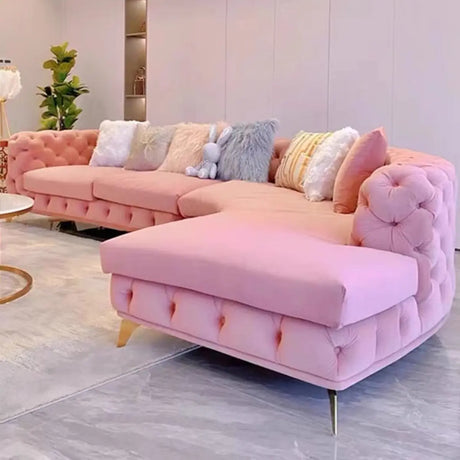 Pink Baby Fleece Square Arm Tufted Modular Sofa Chaise Image - 1