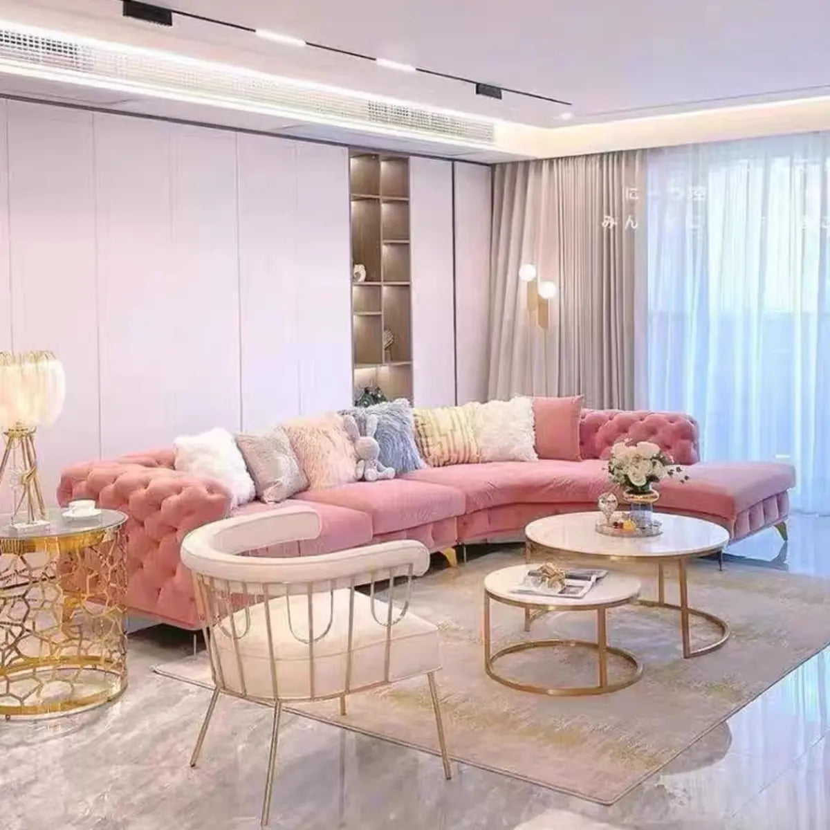 Pink Baby Fleece Square Arm Tufted Modular Sofa Chaise Image - 4