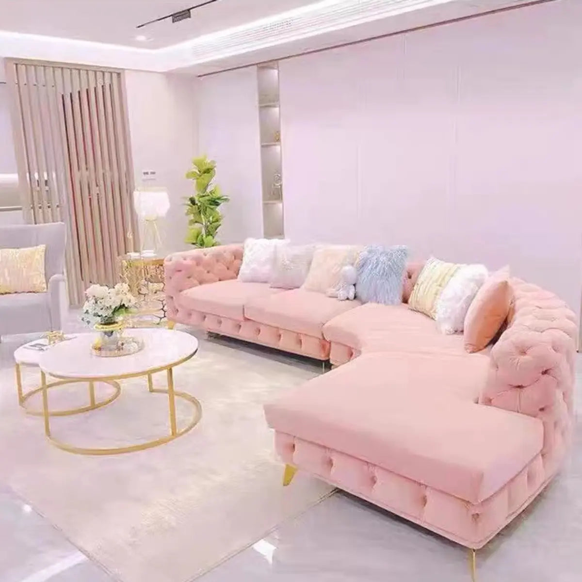 Pink Baby Fleece Square Arm Tufted Modular Sofa Chaise Image - 5