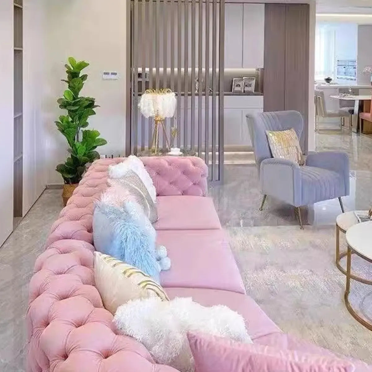 Pink Baby Fleece Square Arm Tufted Modular Sofa Chaise Image - 6