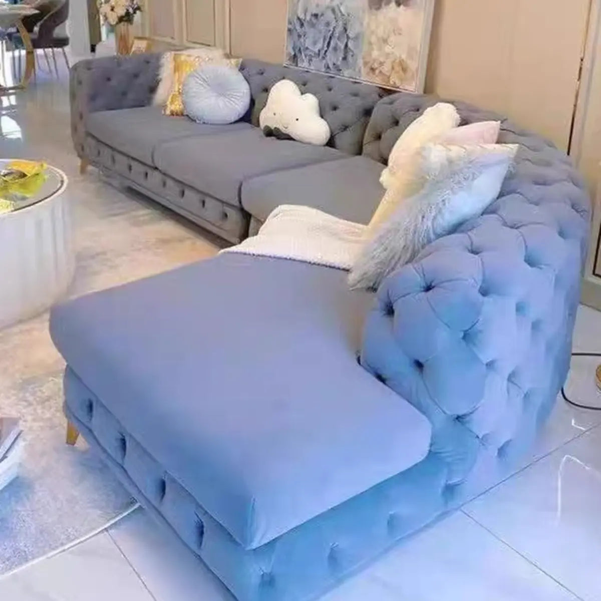 Pink Baby Fleece Square Arm Tufted Modular Sofa Chaise Image - 7