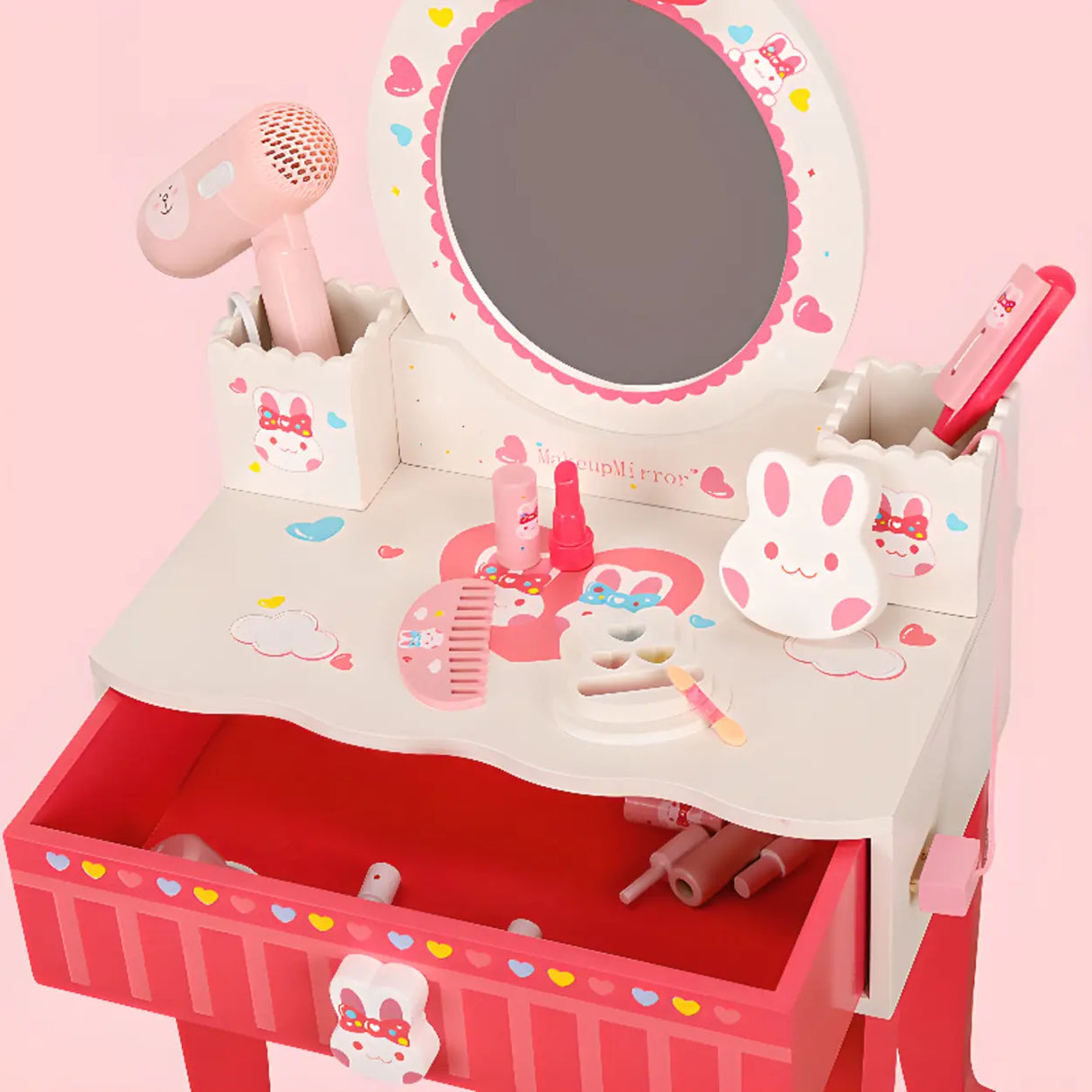 Pink Bunny Princess Vanity Set with Mirror and Storage Image - 12