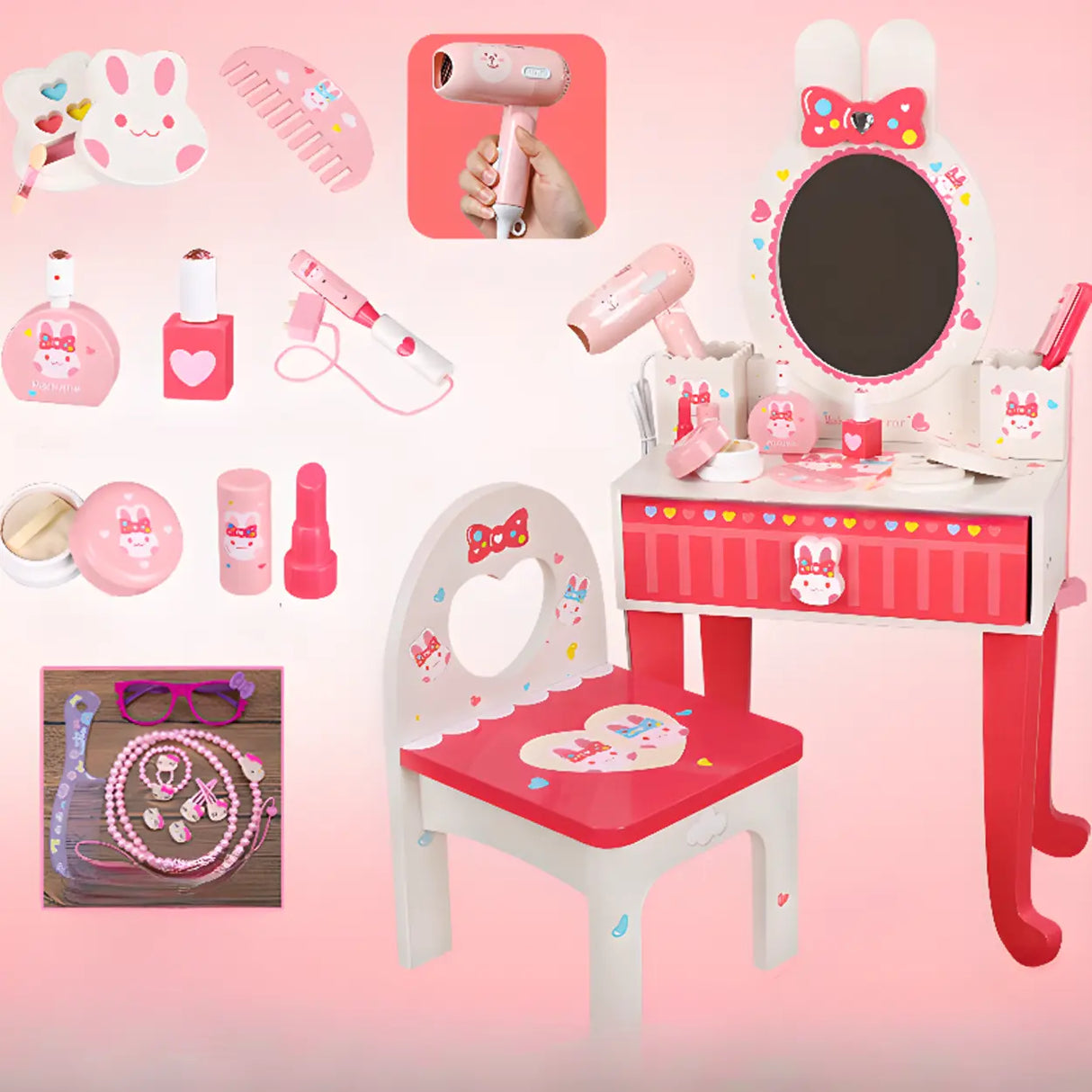 Pink Bunny Princess Vanity Set with Mirror and Storage Image - 3