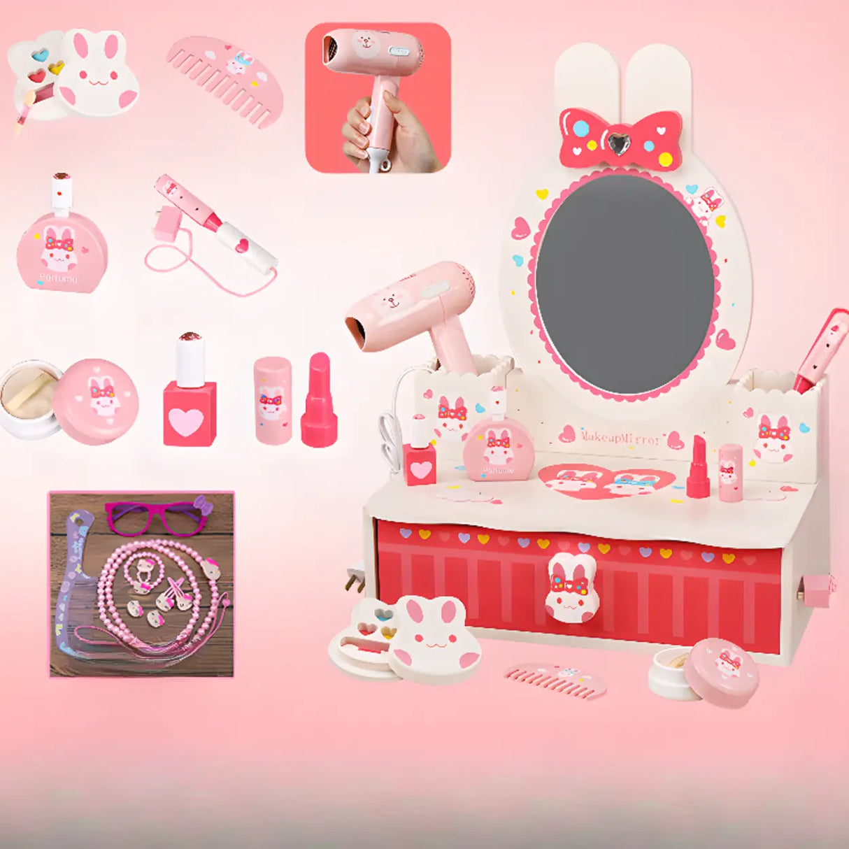 Pink Bunny Princess Vanity Set with Mirror and Storage Image - 7