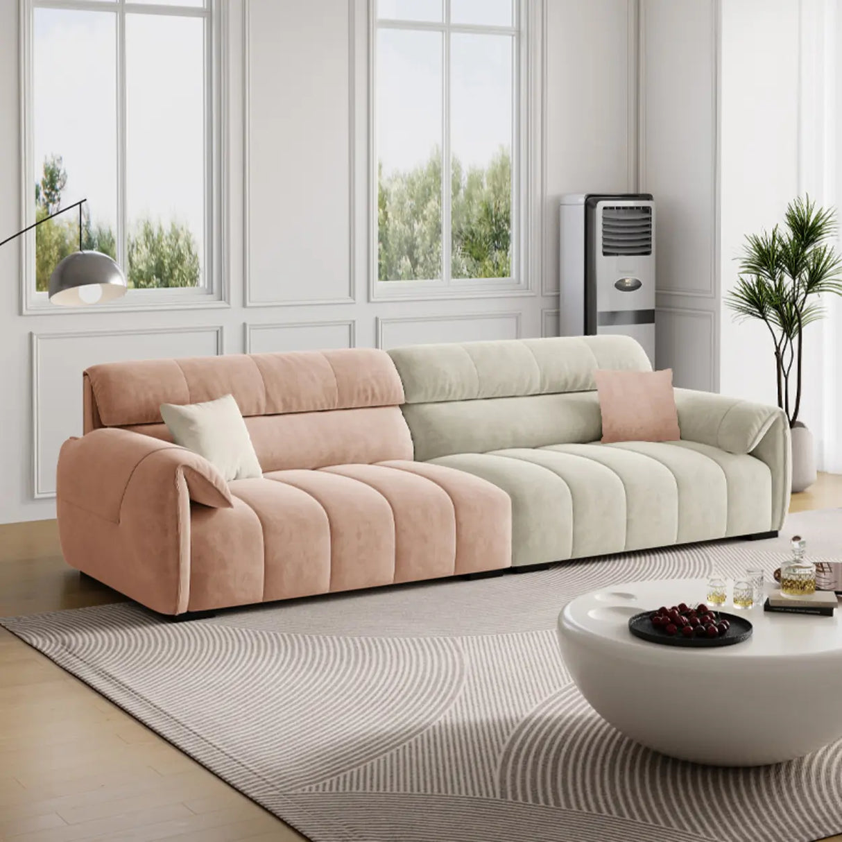 Pink Fabric Cushion Back Pillow Top Arm Extra Long Sofa Image - 4