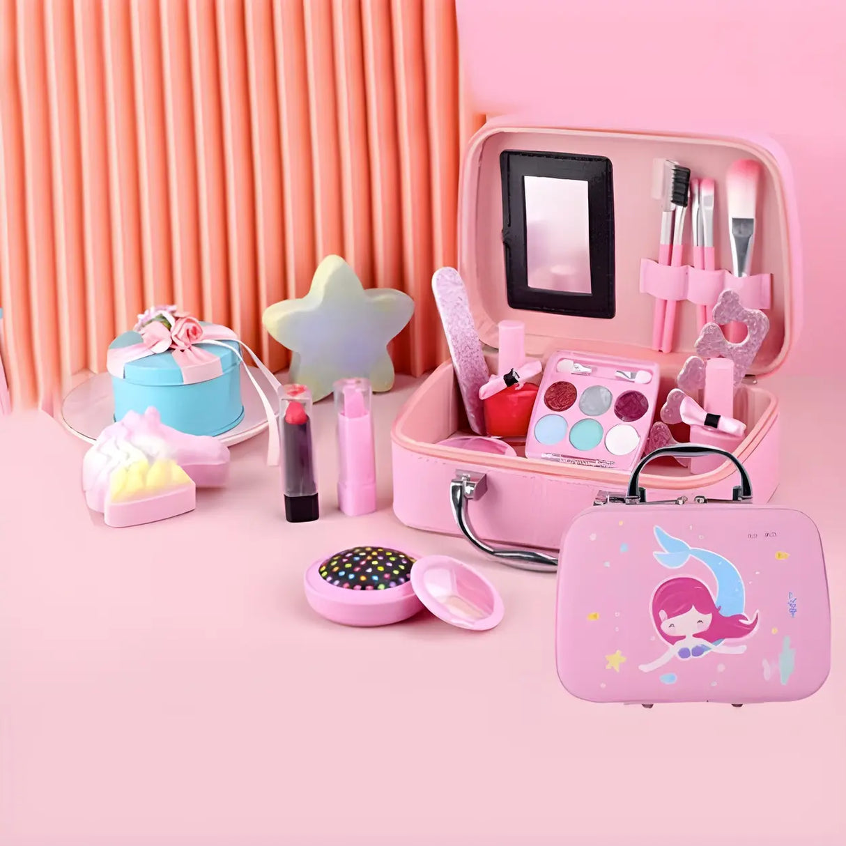 Pink Kids Makeup Vanity Case with Mirror and Storage Image - 3