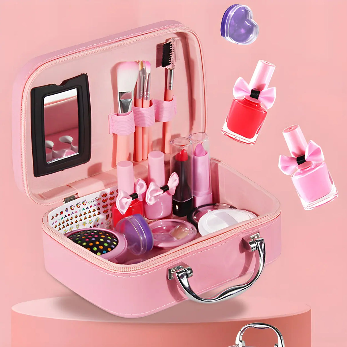 Pink Kids Makeup Vanity Case with Mirror and Storage Image - 4