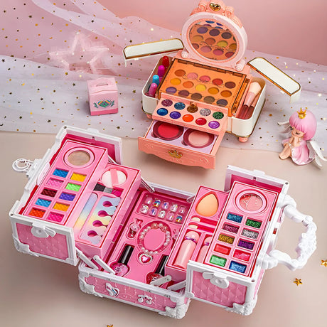 Pink Plastic Storage Makeup Vanity Case Toy Set with Mirror Image - 1