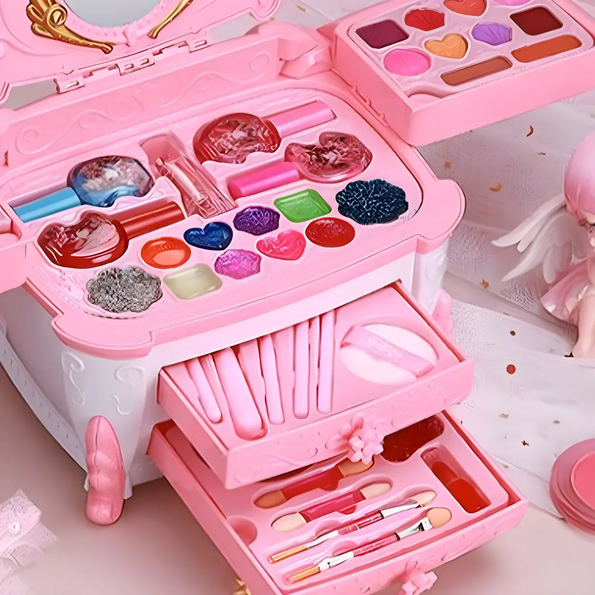 Pink Plastic Storage Makeup Vanity Case Toy Set with Mirror Image - 12