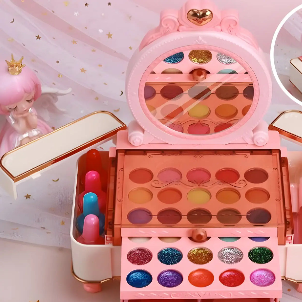 Pink Plastic Storage Makeup Vanity Case Toy Set with Mirror Image - 14