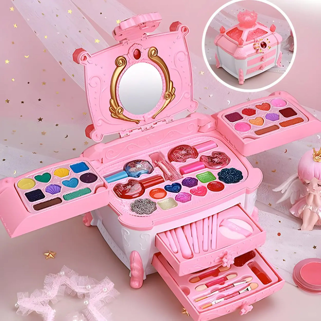 Pink Plastic Storage Makeup Vanity Case Toy Set with Mirror Image - 15