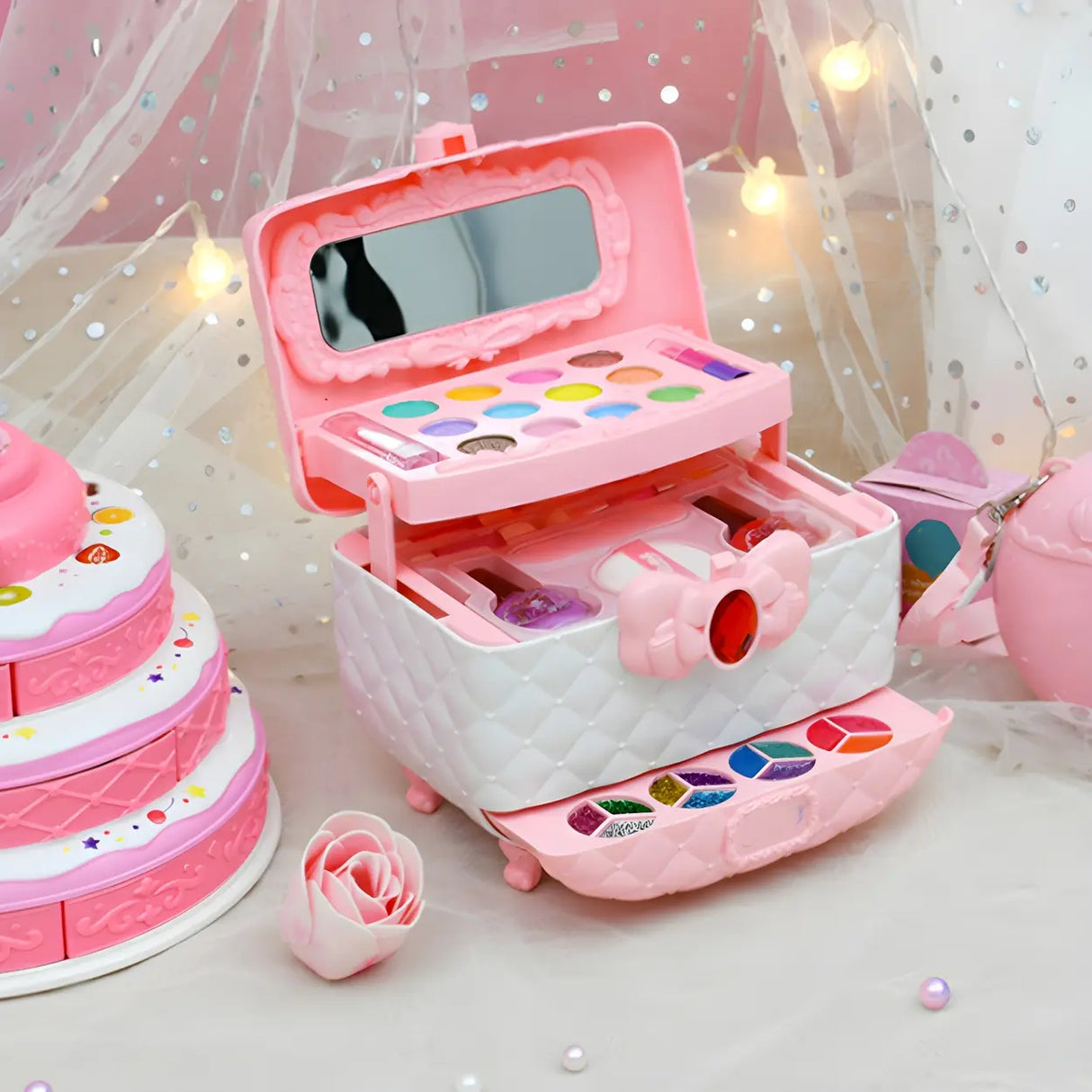 Pink Plastic Storage Makeup Vanity Case Toy Set with Mirror Image - 4