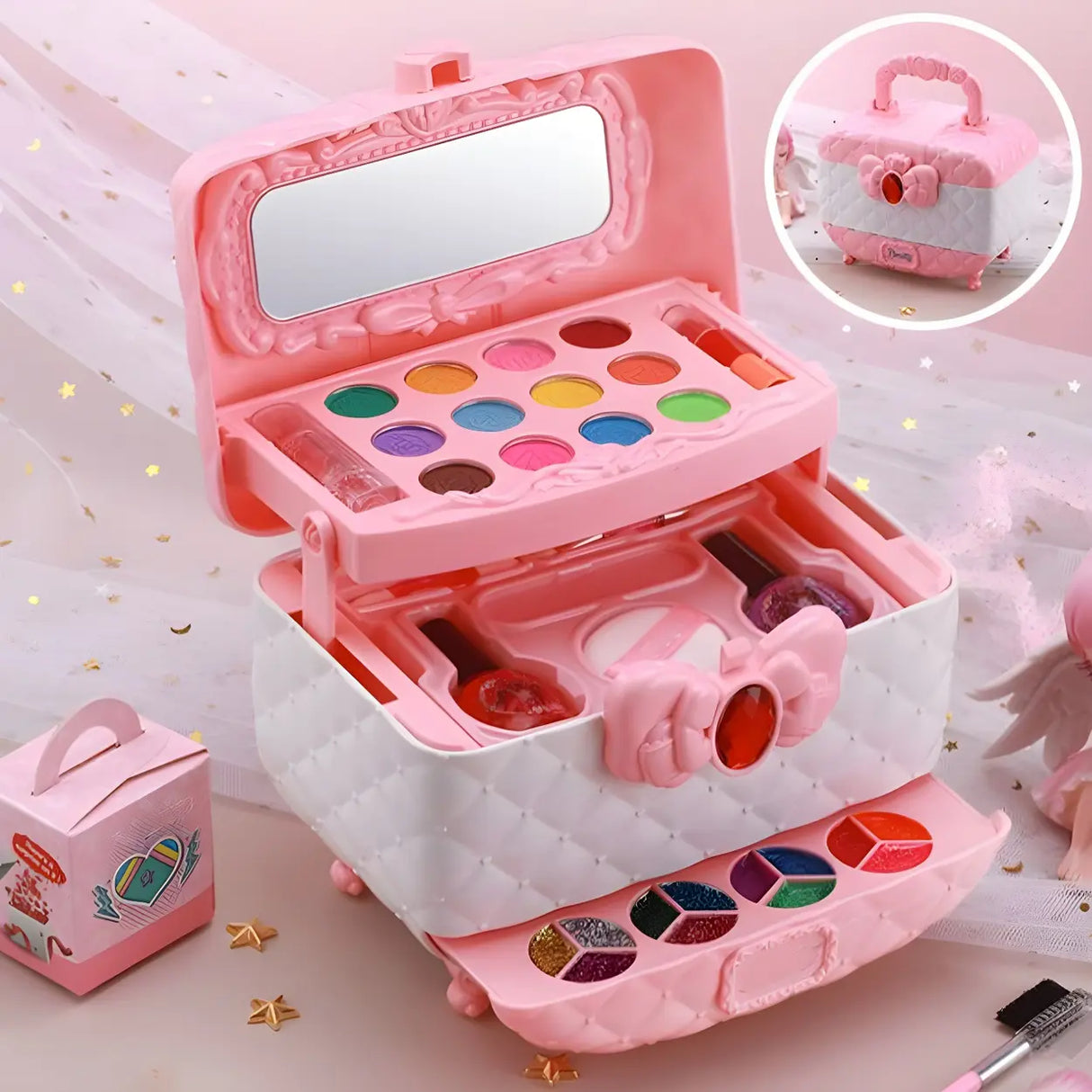 Pink Plastic Storage Makeup Vanity Case Toy Set with Mirror Image - 6