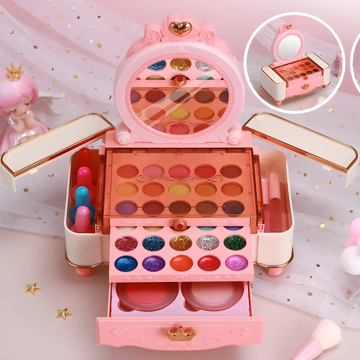 Pink Plastic Storage Makeup Vanity Case Toy Set with Mirror Image - 8