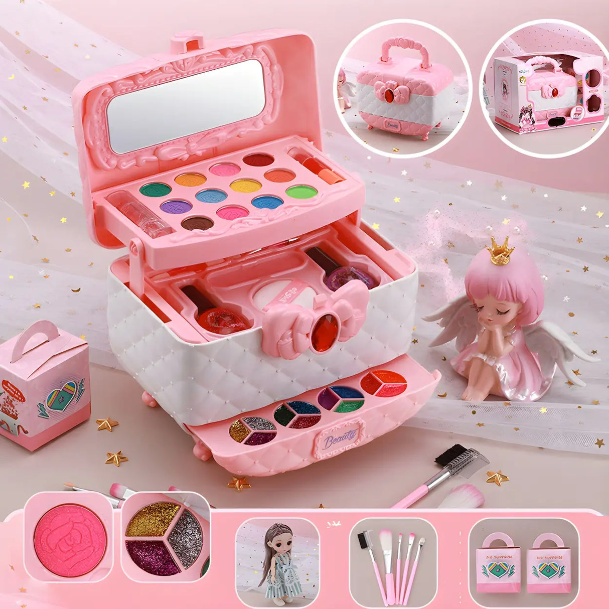 Pink Plastic Storage Makeup Vanity Case Toy Set with Mirror Image - 9