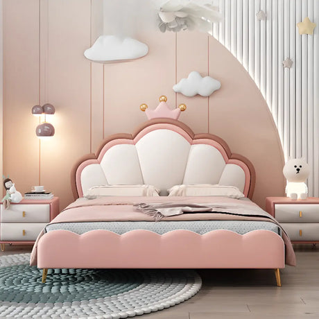 Pink Queen Scallop Faux Leather Panel Bed with Headboard Image - 1