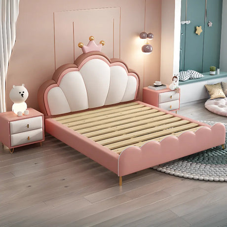 Pink Queen Scallop Faux Leather Panel Bed with Headboard Image - 2