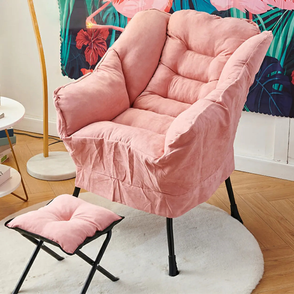 Pink Small Snowflake Velvet Recliners with Ottoman Image - 27