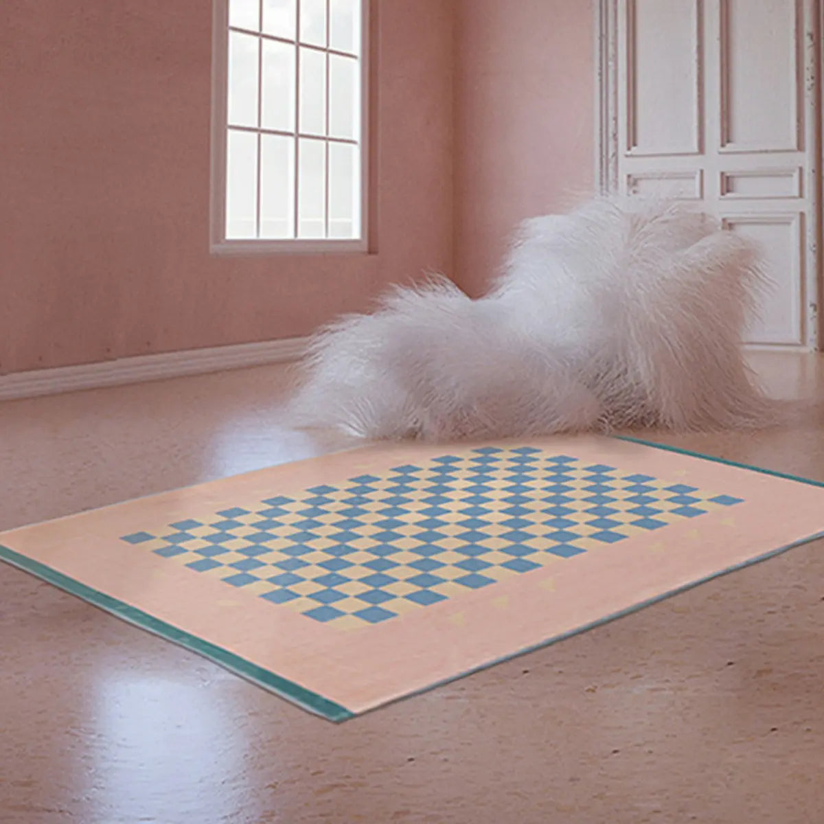 Pink Square Checkered Pattern Polyester Area Rug Image - 3