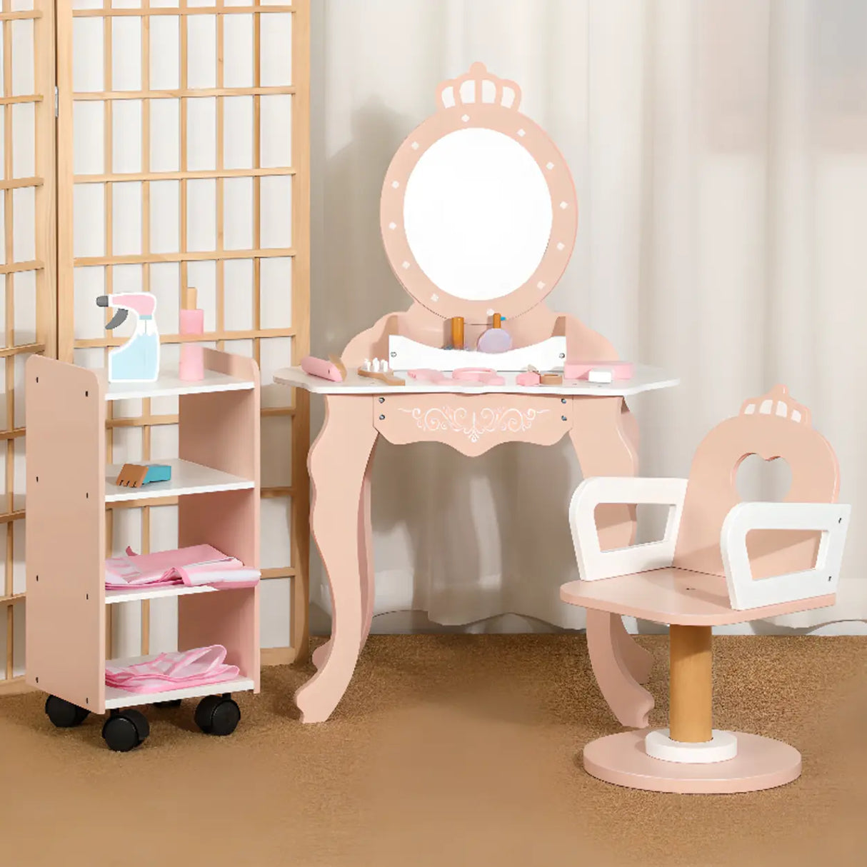 Pink Storage Drawers Wood Princess Kids Vanity Set Image - 1