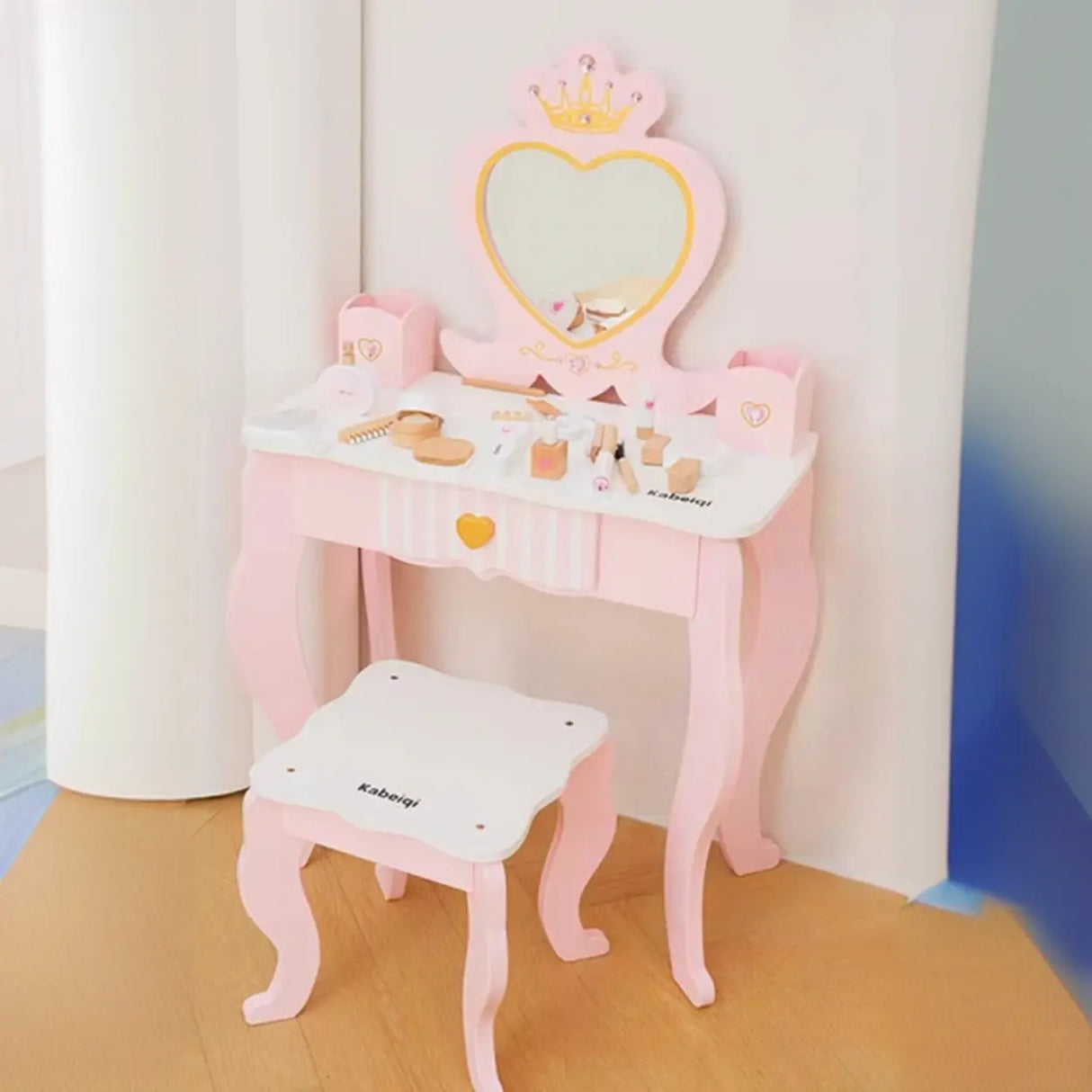 Pink Storage Drawers Wood Princess Kids Vanity Set Image - 7