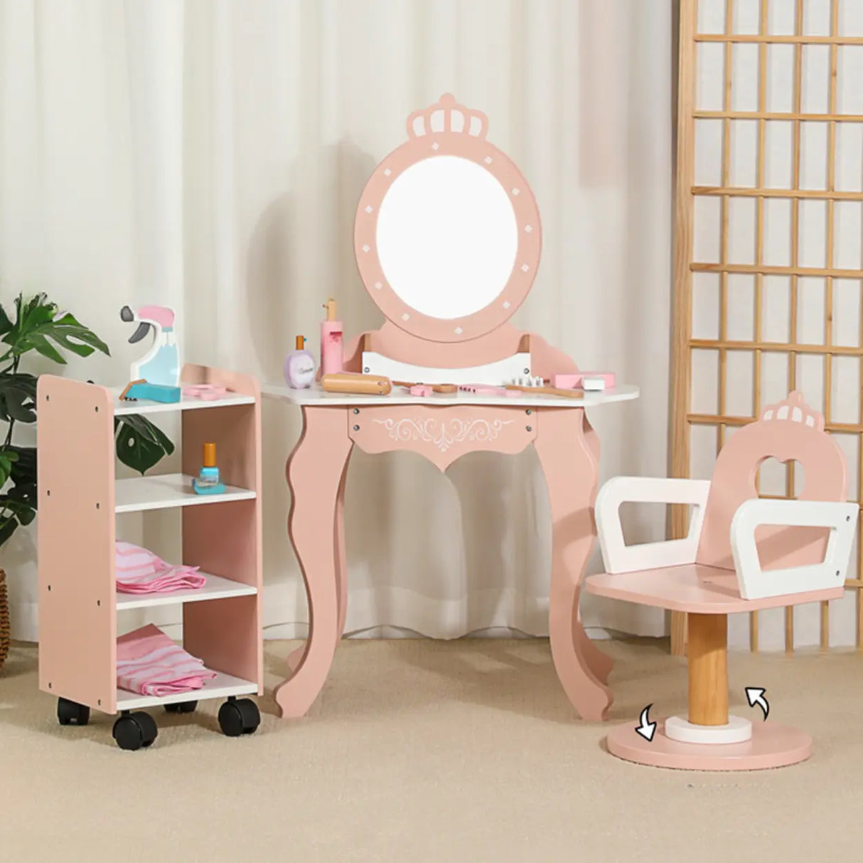 Pink Storage Drawers Wood Princess Kids Vanity Set Image - 4