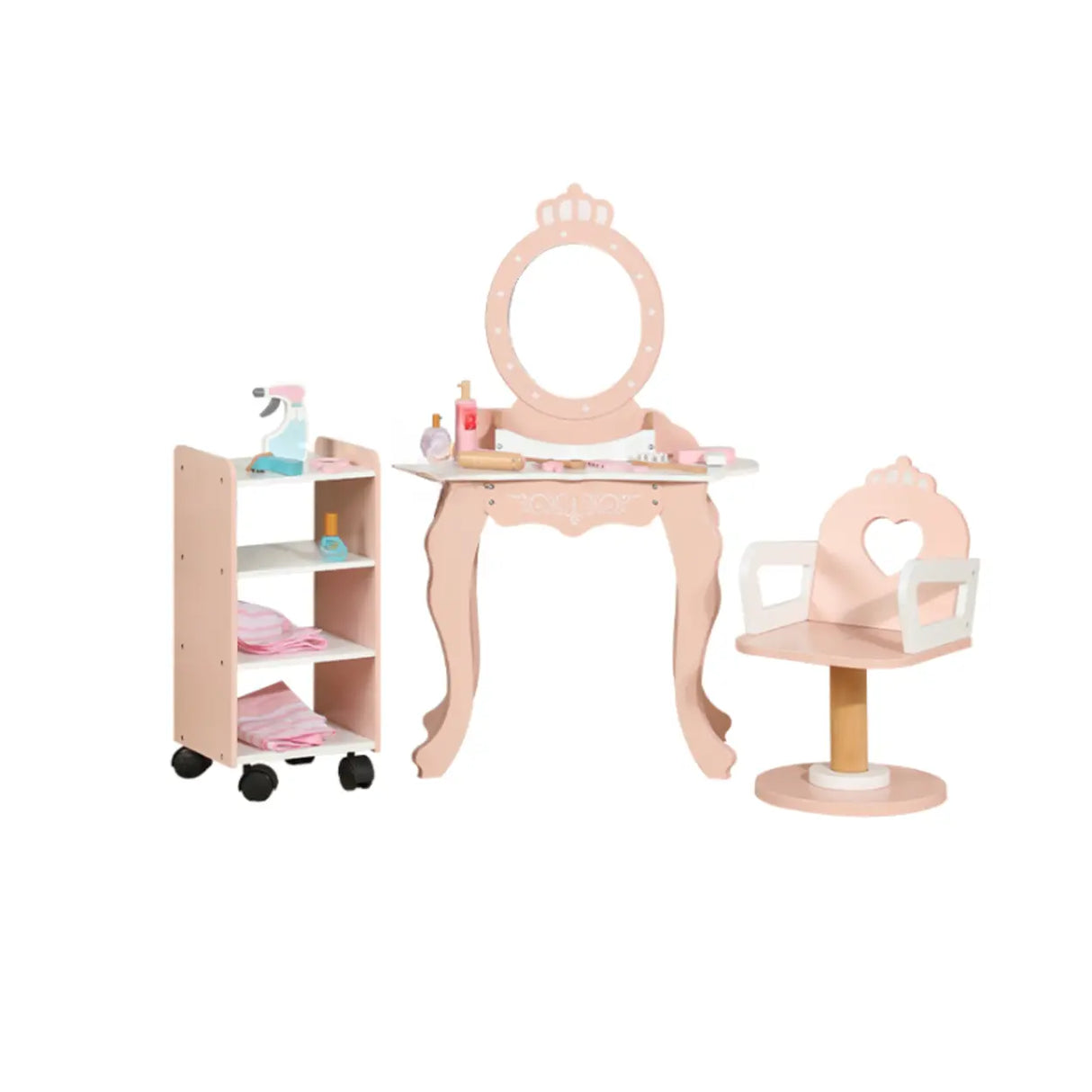 Pink Storage Drawers Wood Princess Kids Vanity Set Image - 9