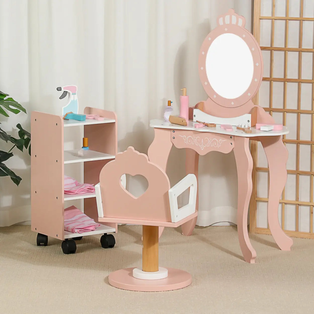 Pink Storage Drawers Wood Princess Kids Vanity Set Image - 6
