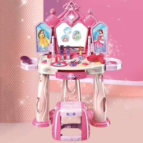 Pink Storage Princess Foldable Kids Vanity Set with Mirror Image - 1