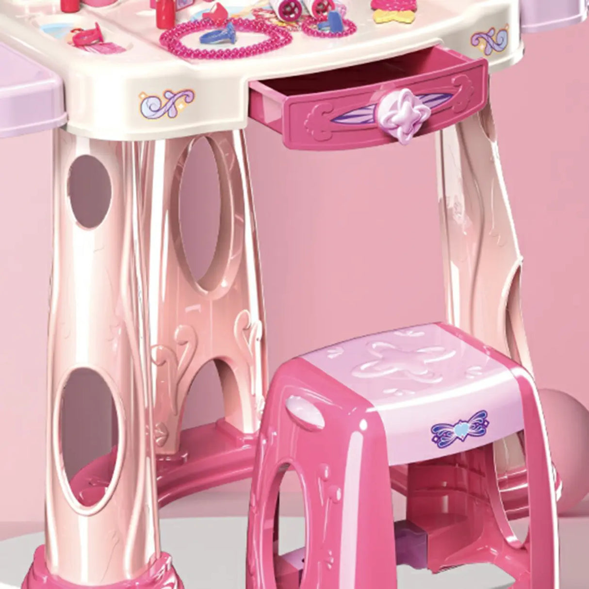 Pink Storage Princess Foldable Kids Vanity Set with Mirror Image - 11