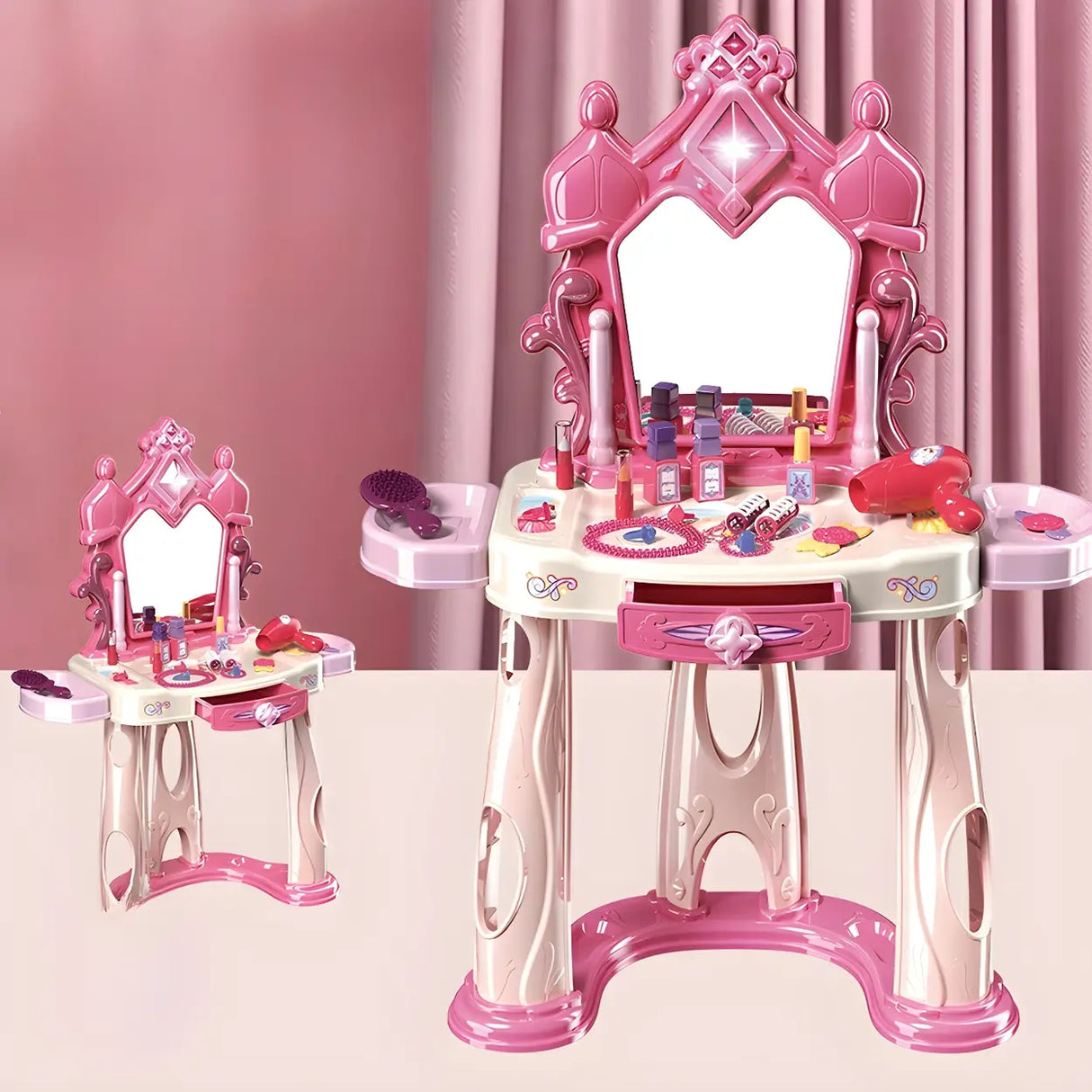 Pink Storage Princess Foldable Kids Vanity Set with Mirror Image - 3